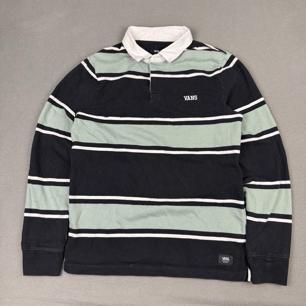 Vans Rugby Shirt Men Classic Fit Long Sleeve Black Green Striped Small Preppy